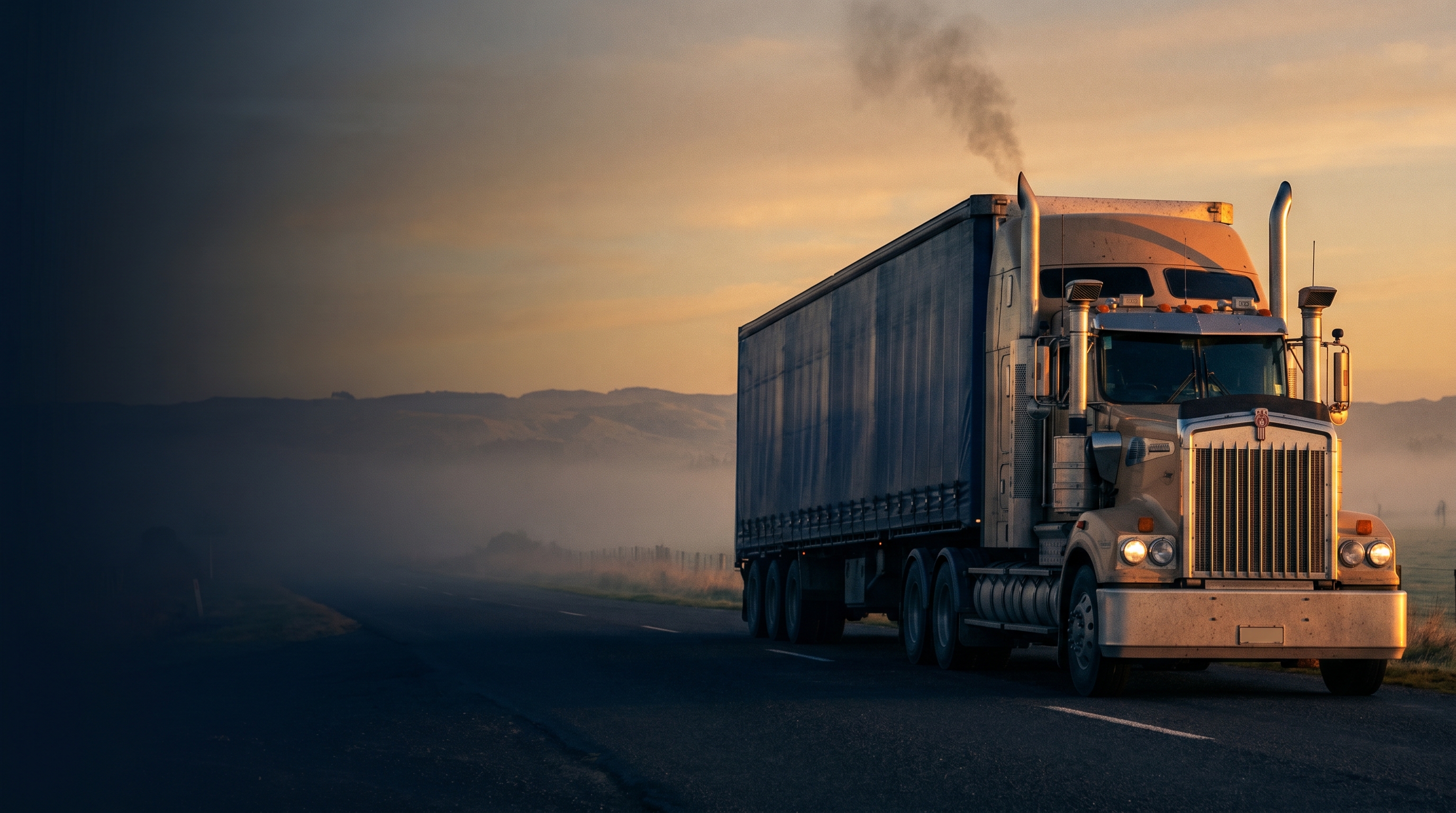 Hino truck on New Zealand state highway at sunset with Southern Alps in the background, Canterbury Plains farmland